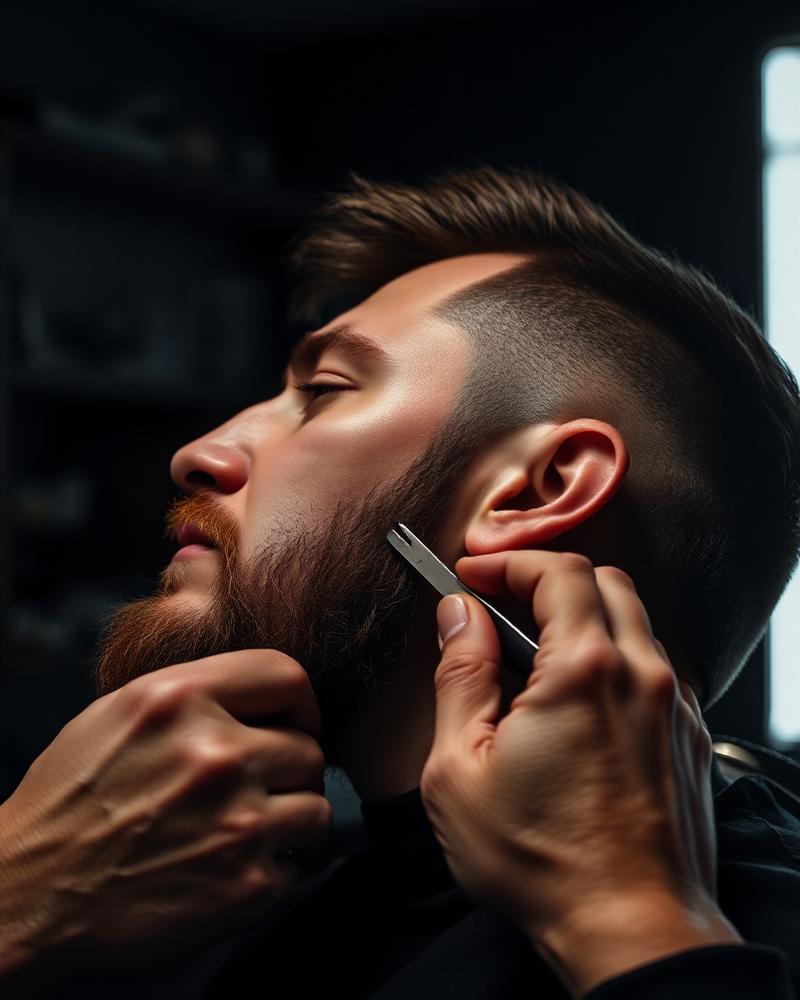 Barbeiro fazendo acabamento de barba na navalha